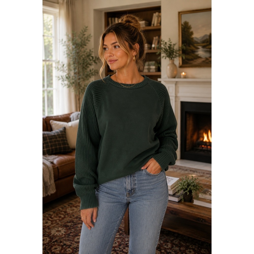 Splendid Sweatshirt Womens Medium Green Dark Forest Ribbed‎ Knit Balloon Sleeve
